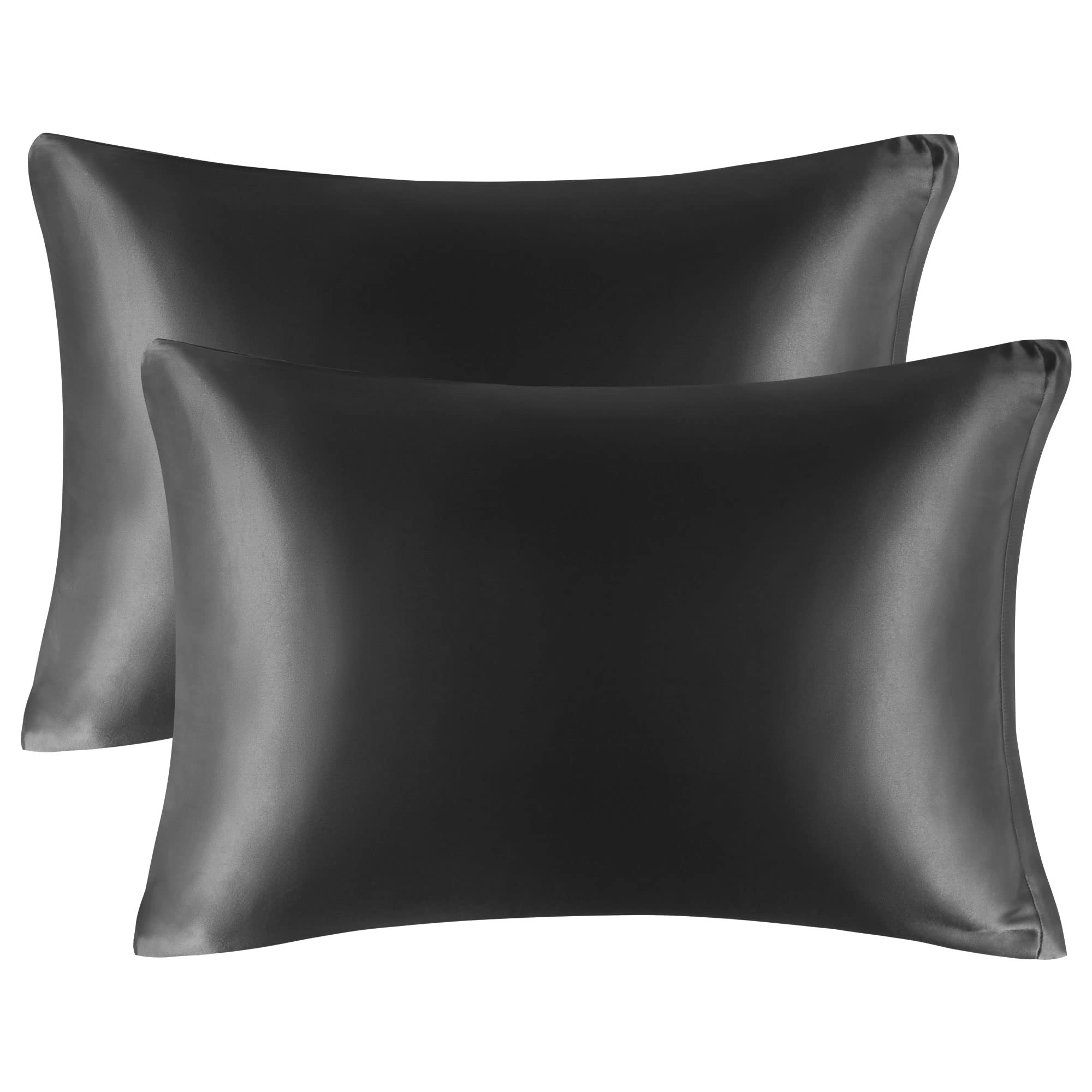 PiccoCasa Satin Pillow Cases 2 Pack, Satin Silk Pillowcase for Hair and Skin with Zipper Closure Soft Pillow Cases Cover Set Black 50 x 65cm — image 1