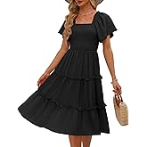 LILLUSORY Women's Summer Casual Flutter Sleeve Square Neck Smocked Midi Dress