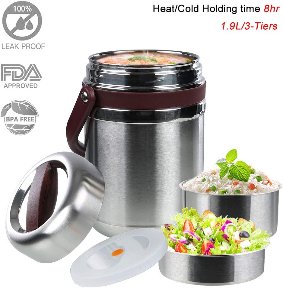 Thermal Lunch Box, Vacuum Insulated Lunch Box Food Container Carrier Bento Box Thermal Insulating Stainless Steel Lunch Containers Hold Warm for 8 Hours with Folding Spoon, 1.6L (Coffee)