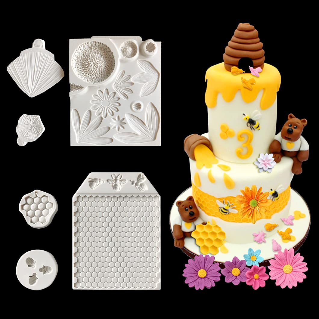 Rolin Roly 6Pcs Fondant Cake Sunflower Moulds Bumble Bee Silicone Mold Honeycomb Bees Gray Mould Sun Flower Cakes Molds DIY Decorating Chocolate Cookies Baking Tool