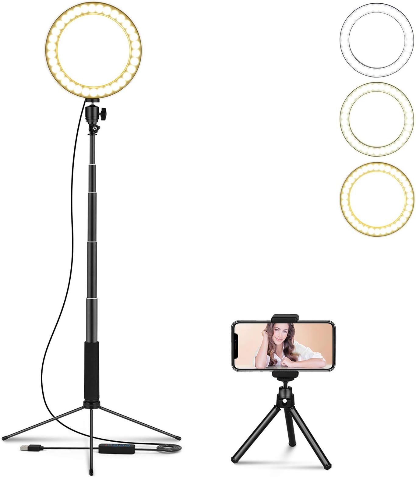 LEDGLE Upgraded Selfie Ring Light with Tripod Stand & Cell Phone Holder & Selfie Stick 8" Dimmable Ring Light with 3 Light Mode and 10 Level Brightness for Live Stream Makeup and YouTube Video