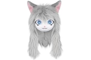 Fursuit Head, Faux Fur Furry Head with Big Eyes, Ears & Long Hair, Cat Mask Costume for Halloween Masquerade(White)