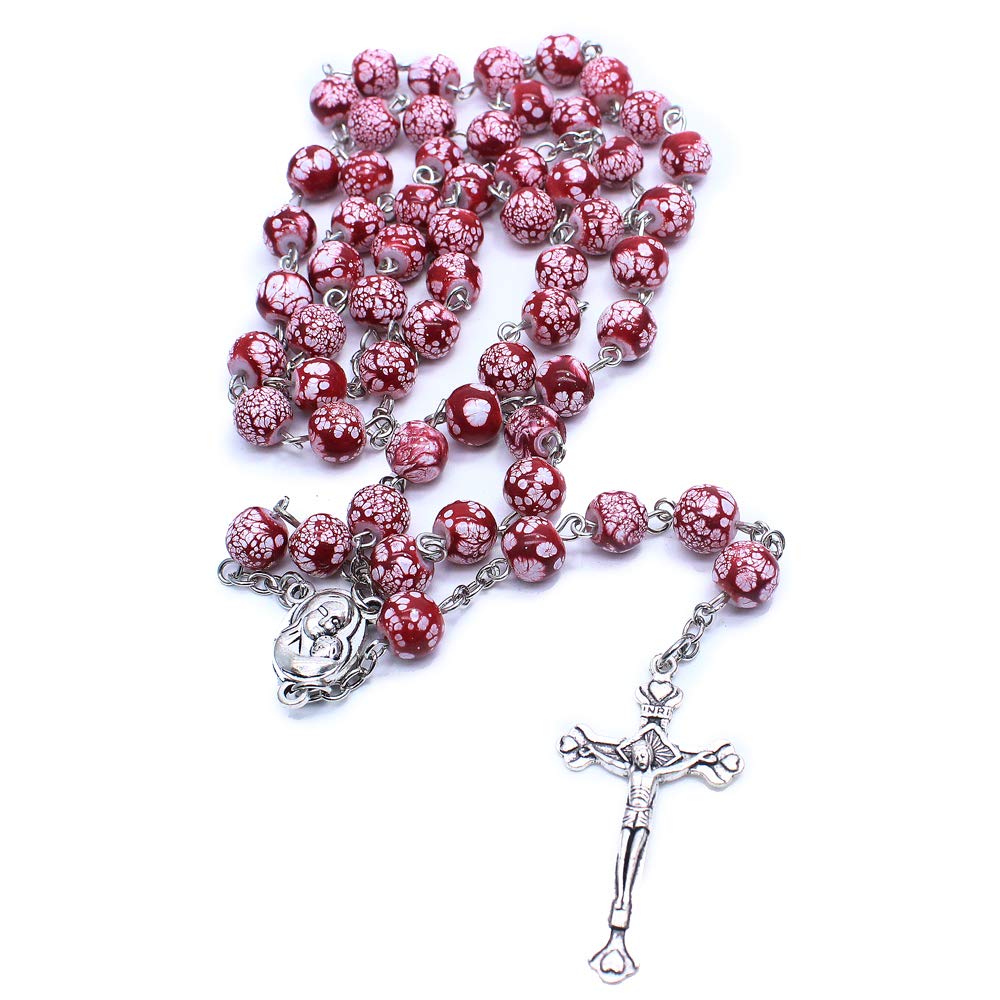 Red Colored glass Rosary - Bethlehem Holy Soil, Christian Gift from Jerusalem，God's gift ，Cross rosary necklace