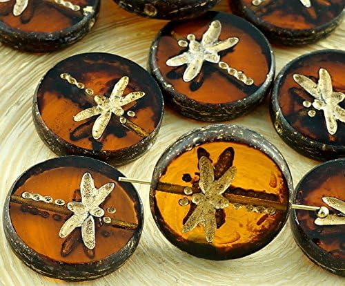 4pcs Picasso Crystal Yellow Topaz Gold Wash Rustic Window Dragonfly Flat Coin Table Cut Window Round Czech Glass Beads 17mm