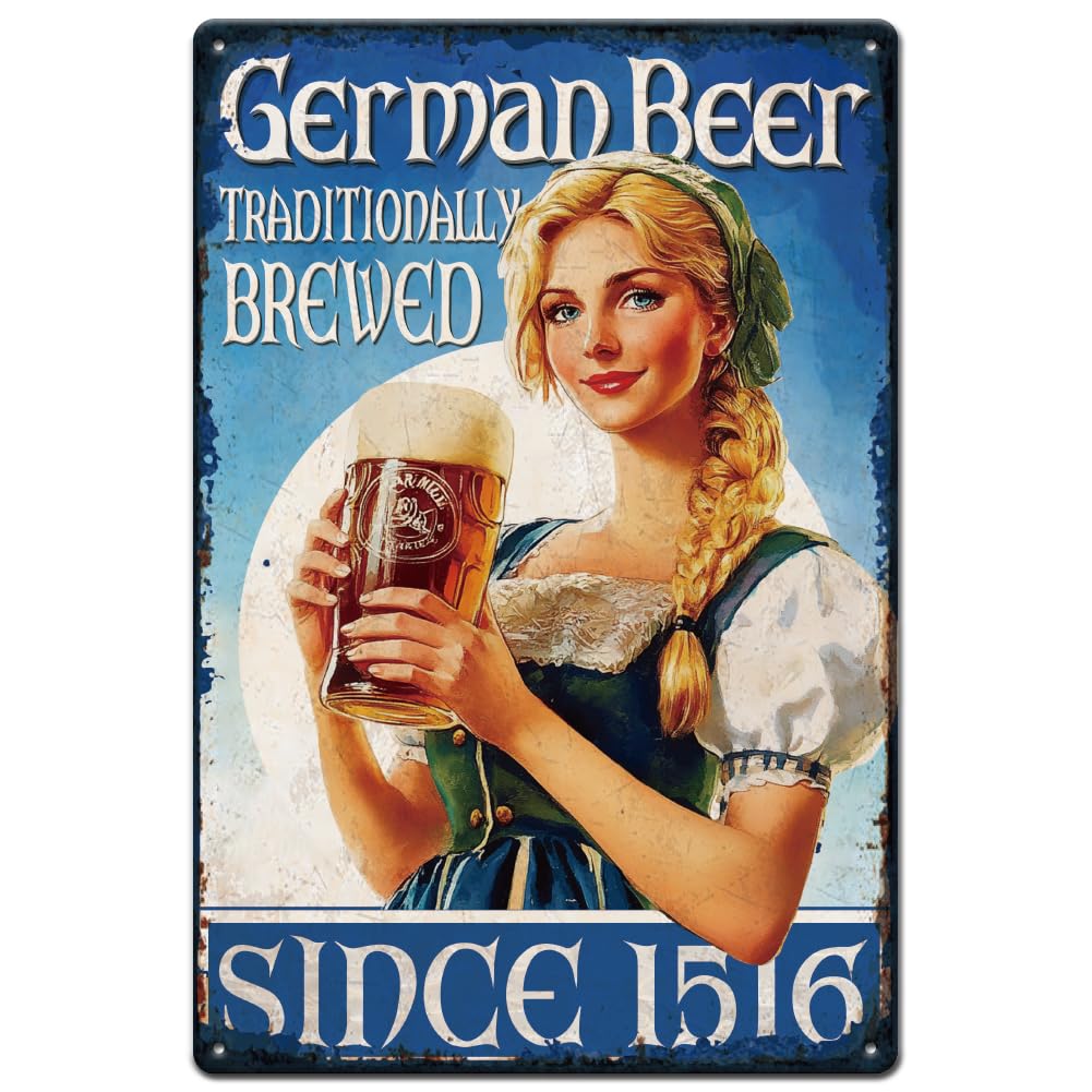 SUPERDANT German Beer and Beauty Tin Sign German Beer Vintage Metal Sign Pretty Woman Metal Tin Signs Bar Theme Metal Wall Art Signs and Plaque Beer Wall Decor for Bar Pub Man Cave