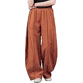 IXIMO Women's Linen Harem Pants Vintage Wide Leg Lantern Front Raw Frayed Patchwork Baggy Boho Lounge Trousers