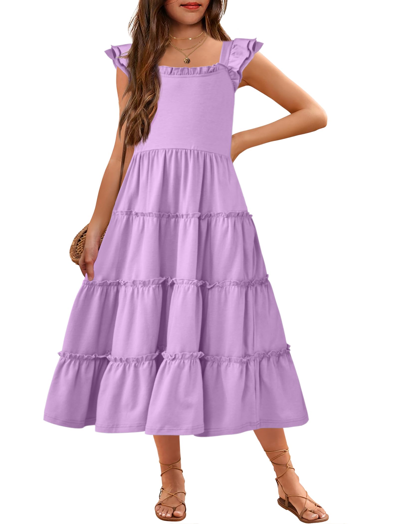 Photo 1 of ***(HEAVILY USED/ MINOR DAMAGE)***Arshiner Girls Maxi Summer Short Flutter Sleeve Casual Dress with Pockets for 13-14 Years Light Purple