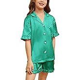 QPANCY Silk Pajamas for Girls Button Down 2 Piece Pj Sets Kids Satin Pajamas Ruffle Short Sleeve Sleepwear Loungewear