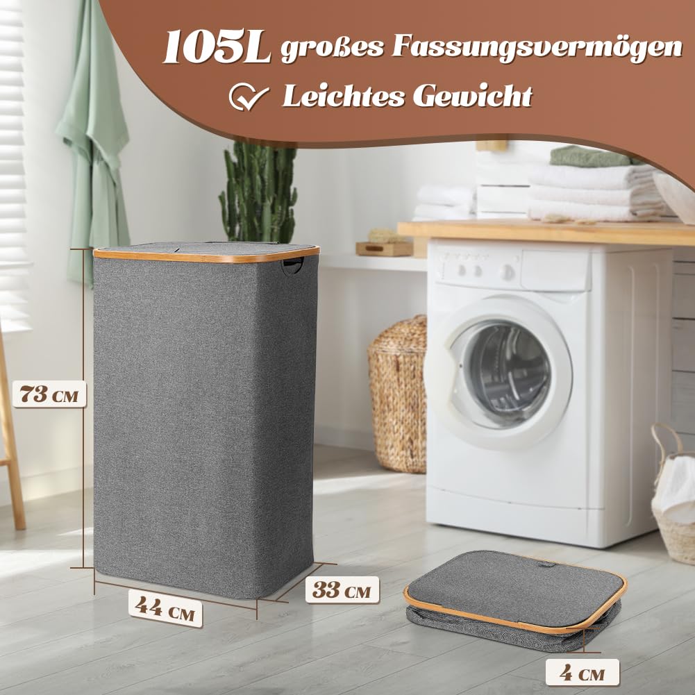 OUSFOT Wäschekorb mit Deckel 105L Wäschesammler faltbar aus 600D Oxford-Gewebe mit Abnehmbarem Wäschesack Bambus-Wäschebox Wäschesortierer Wäschetonne Laundry baskets Grau 5