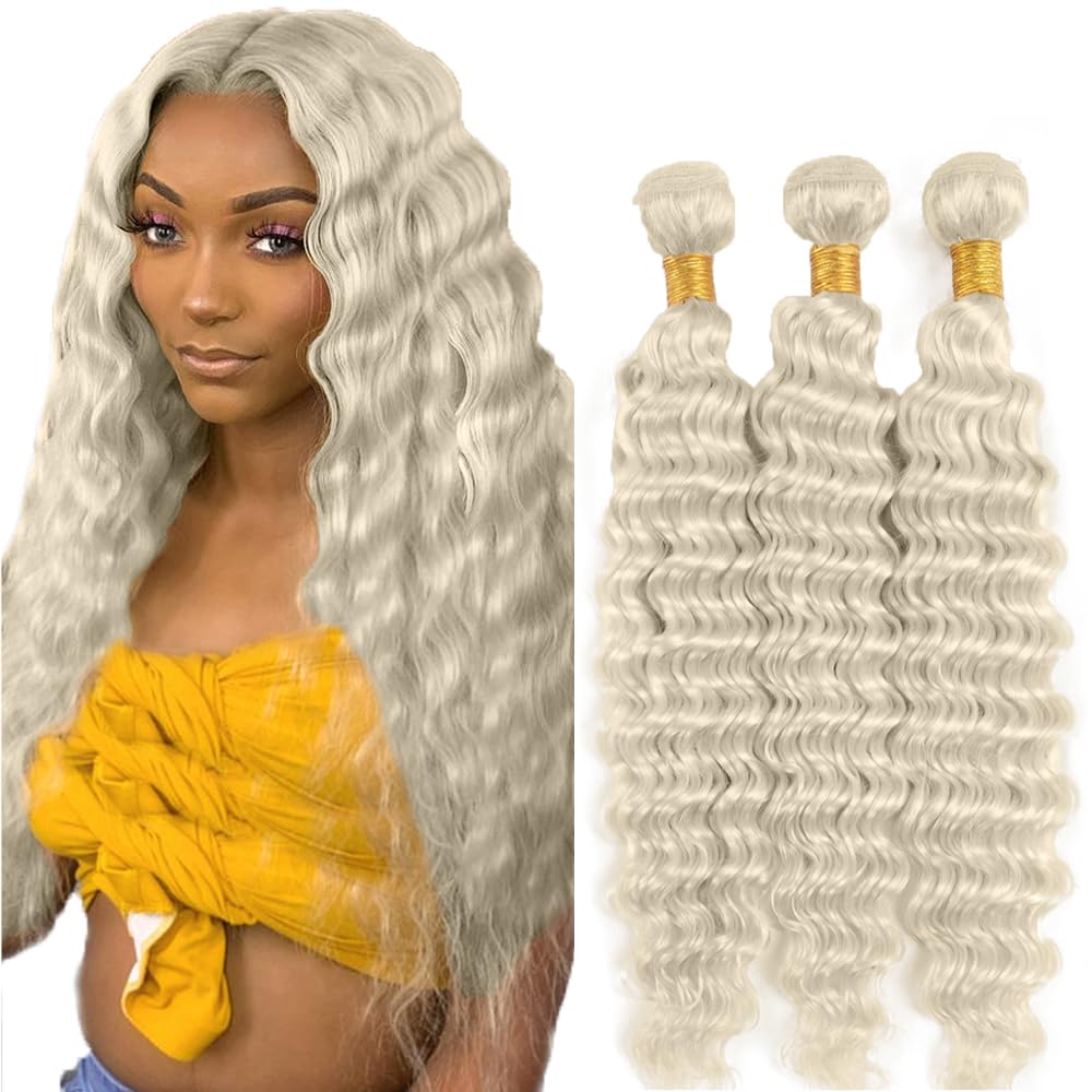 Photo 1 of #88 Platinum Blonde Bundles Human Hair Deep Wave Bundles 20 22 24 Inch 3 Bundle Unprocessed Brazilian Virgin Hair Platinum Blonde Deep Wave Human Hair Extensions 50 Gram Per Bundle