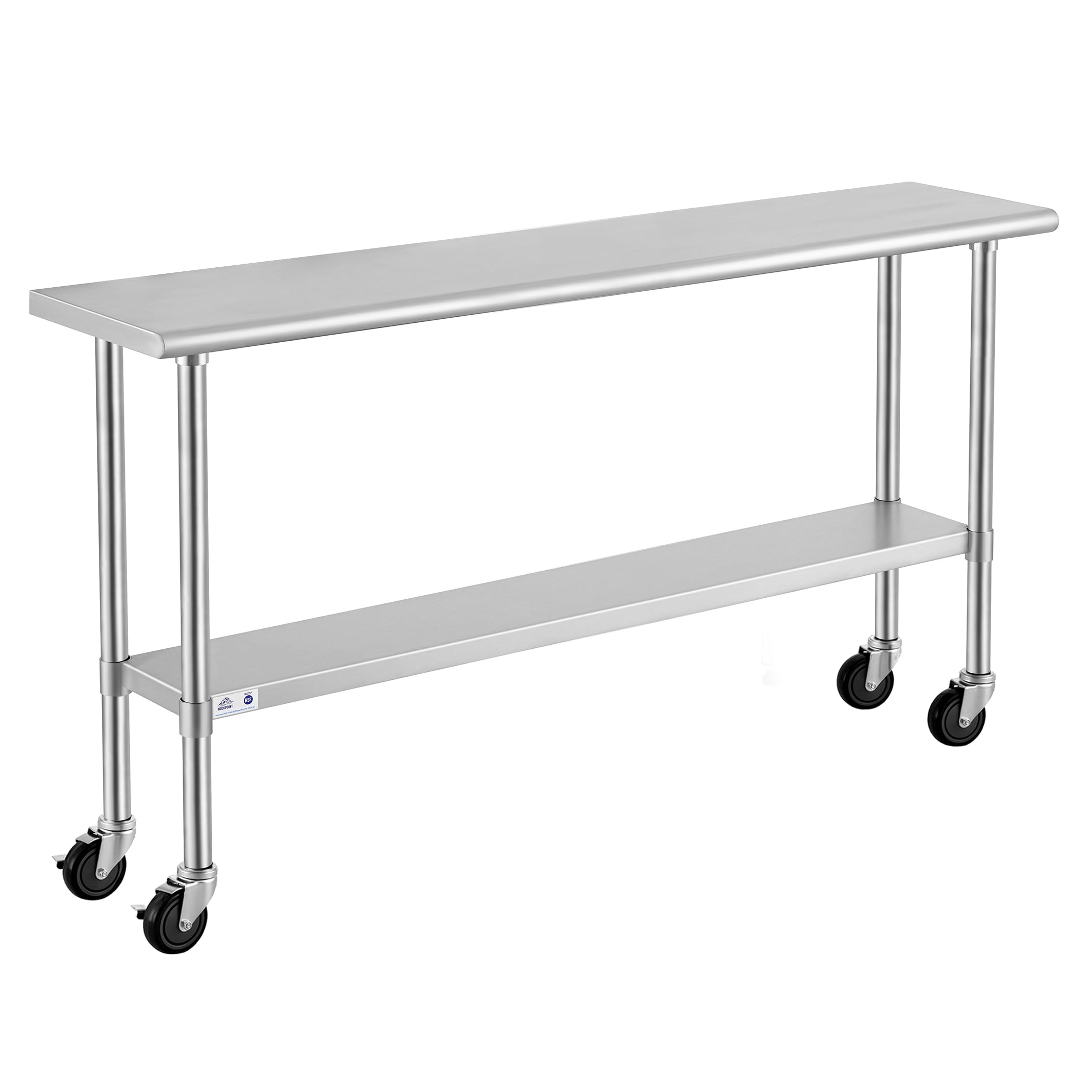 ROCKPOINT Stainless Steel Table for Prep & Work with Caster Wheels 14×72 Inches, NSF Metal Commercial Kitchen Heavy Duty Table with Adjustable Under Shelf and Table Foot for Restaurant, Home and Hotel