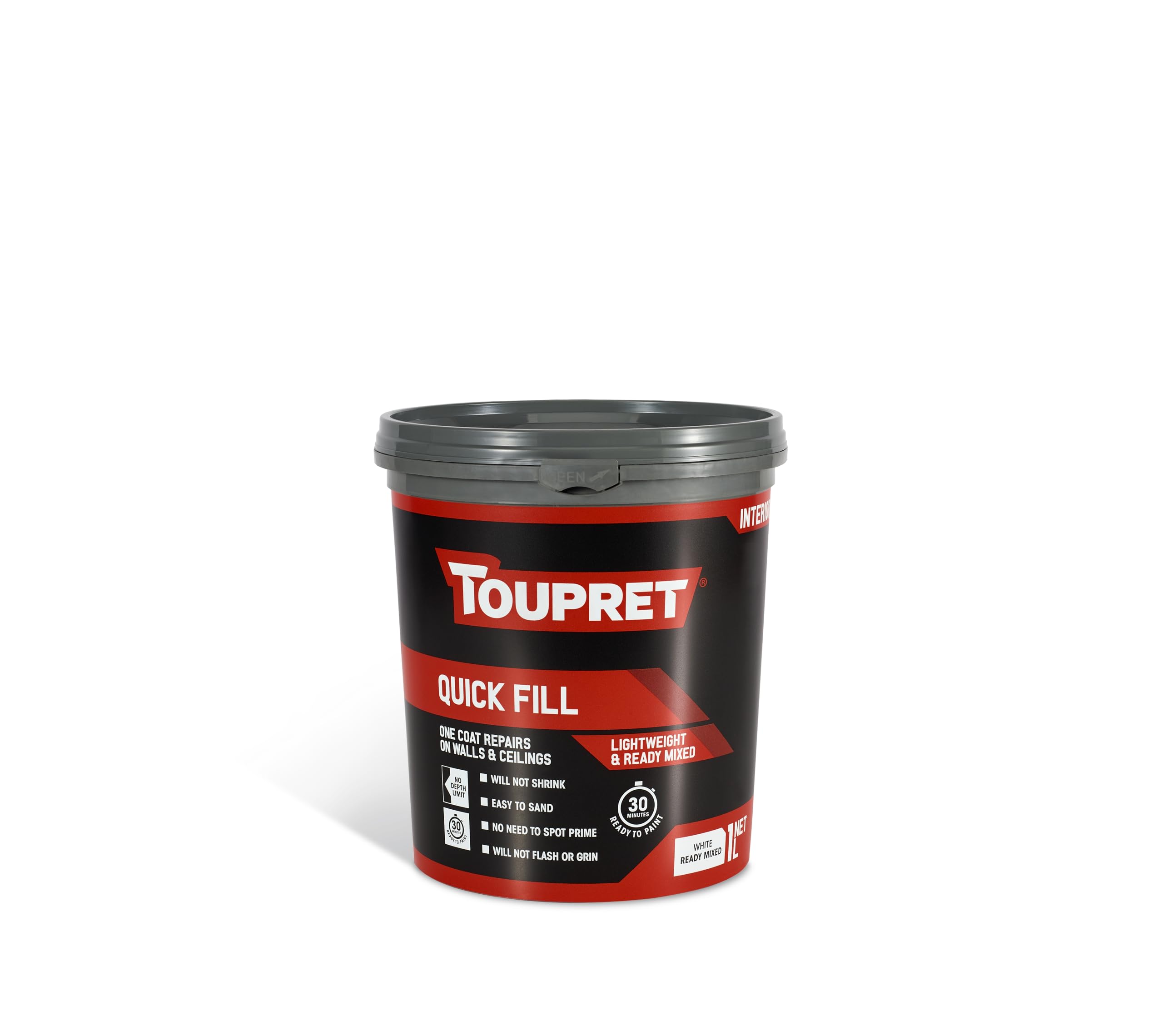 Toupret Quick Fill - Fast-Drying Ready Mixed Interior Filler for Walls & Ceilings - One Coat, No Shrink, No Crack - Quick Wall Repairs, Paint in 30 Minutes - Smooth White Finish - Easily Applied - 1L