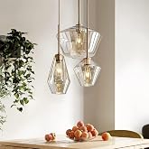 LUOLAX 3 Heads Champagne Gold Glass Pendant Light Modern Flush Mount Ceiling Hanging Light Fixture Unique Glass Kitchen Chandelier for Kitchen Hotel Coffee Bar Dining Room