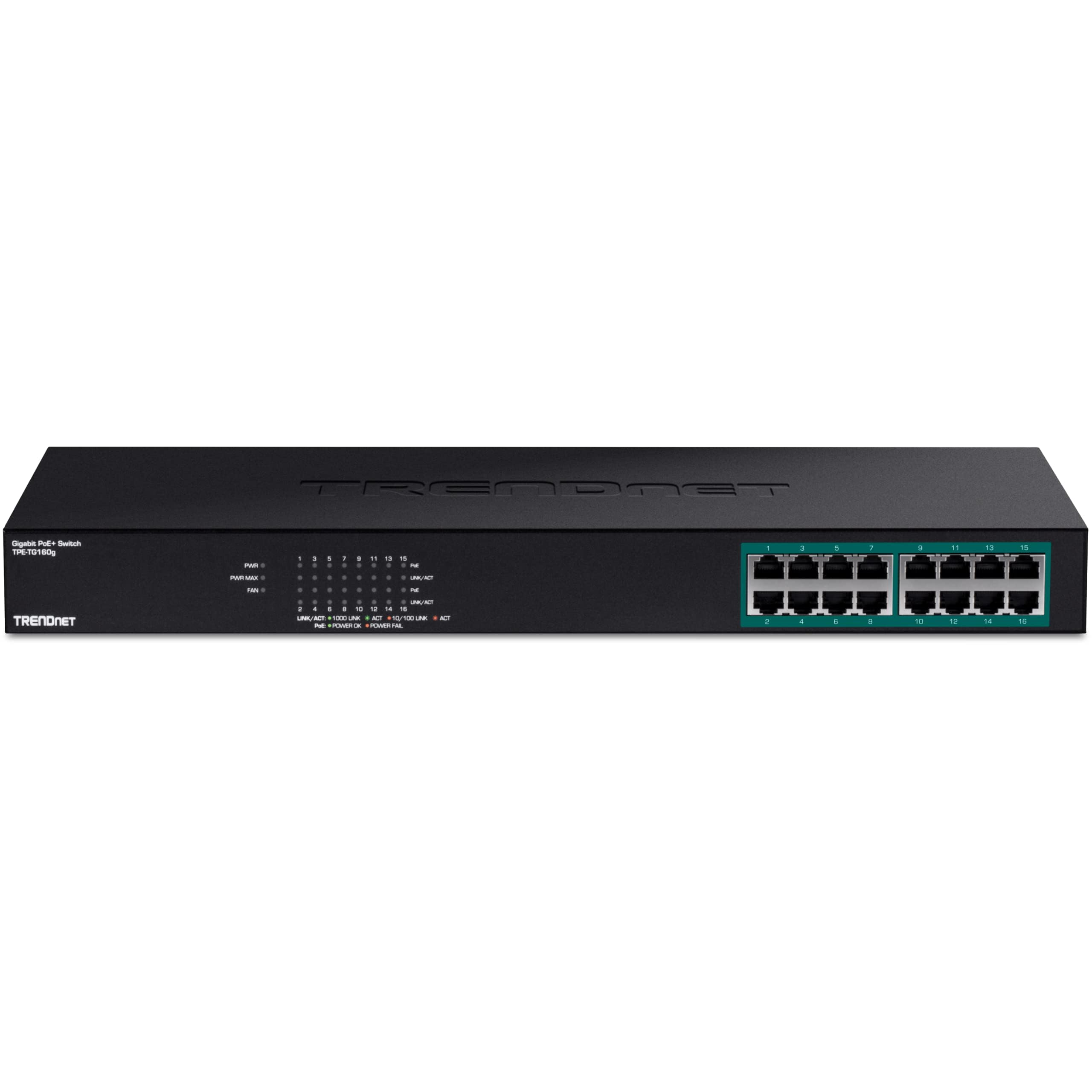 TRENDnet 16-Port Gigabit PoE+ Switch, 16 x Gigabit PoE+ Ports, 246W PoE Power Budget, 32 Gbps Switching Capacity, Desktop Switch, Ethernet Network Switch, Metal, Lifetime Protection, Black, TPE-TG160g