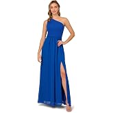 Adrianna Papell Women's One Shoulder Chiffon Gown | Elegant Floor Length Column Gown, Tonal Floral Texture &amp; Print, Gathered Knot Detail, Softly Draped Bodice, High Leg Slit