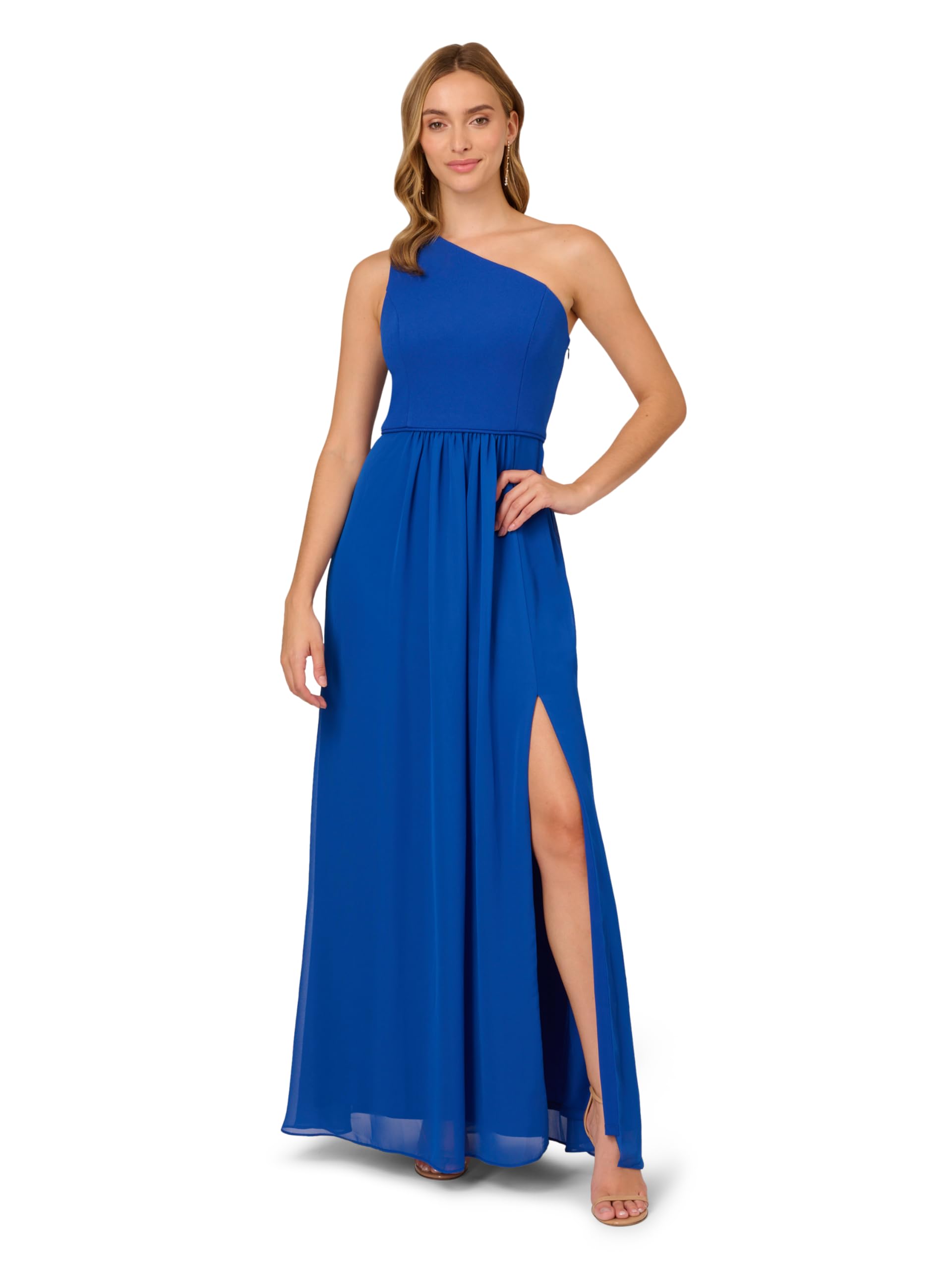 Adrianna Papell Women’s One Shoulder Chiffon Gown, Violet Cobalt