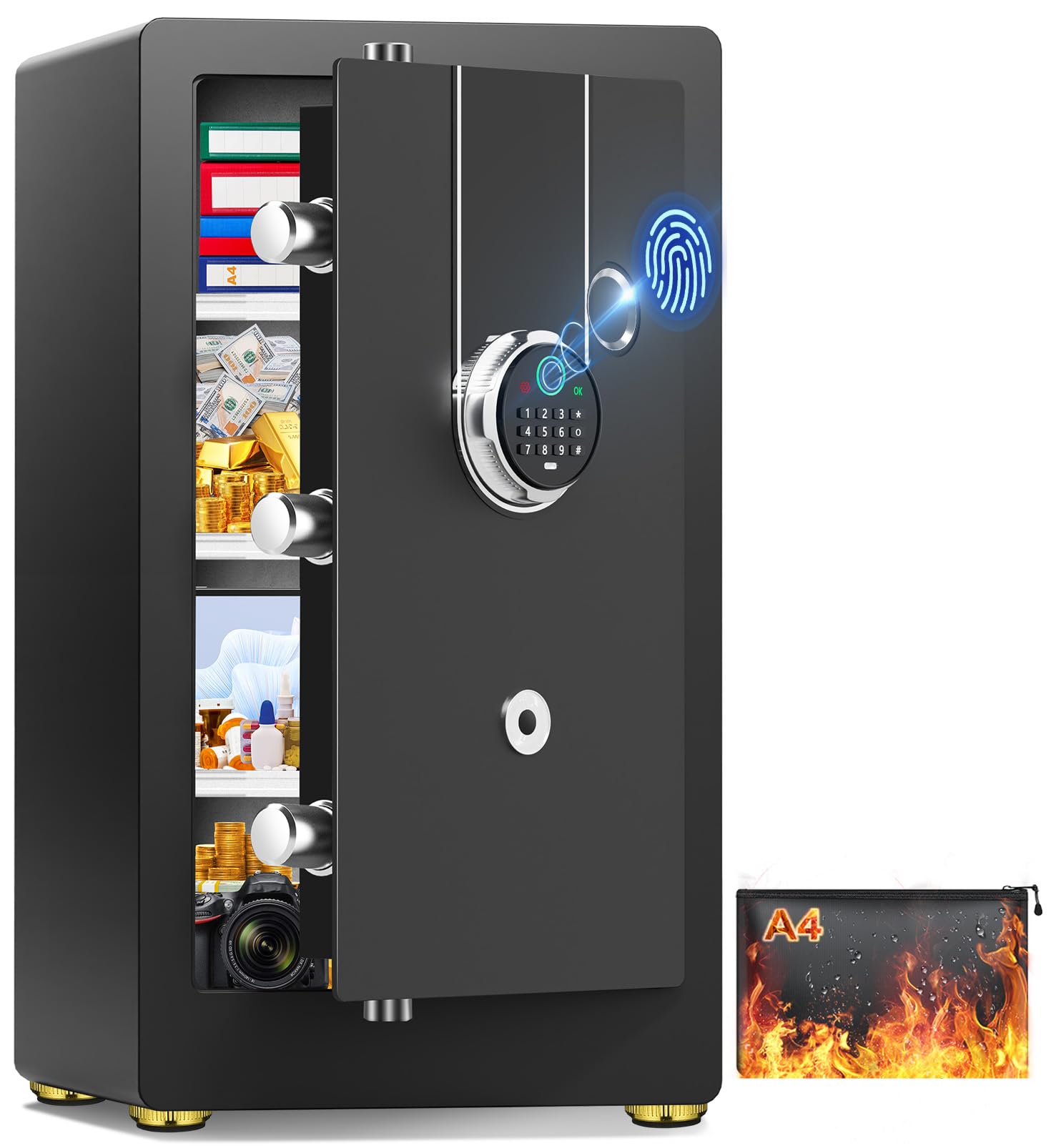 Photo 1 of 23.62" Tall Biometric Safe Box with Fireproof Waterproof Bag, 2.6 Cuft Fireproof Safe Large Document Storage Anti-Theft Dual Alerts, Mute Mode, Digital Security for Business