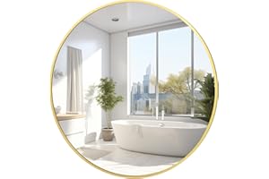 PUZONJIG Round Mirror for Wall Gold Circle Mirror 16 Inch Round Bathroom Mirror Round Wall Mirror Circular Mirror Brushed Metal Frame Anti-Rust Tempered Glass Mirror for Bathroom Bedroom Entryway Living Room