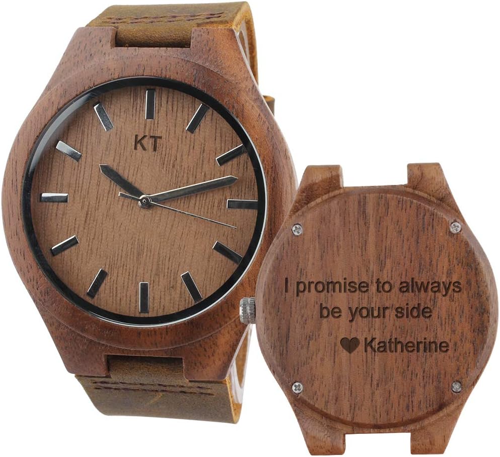 KOSTINGCustom Engraved Mens Vintage Analog Quartz Wooden Wrist Watches Handmade Casual Men Watch with Cowhide Leather Strap Personalized Gifts for Men Husband Boyfriend Dad
