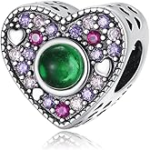 BEEUVIP Green Zircon Heart Charm 925 Sterling Silver Bead for Charm Bracelets and Necklaces, Birthday Mothers Day Jewelry Gifts Women