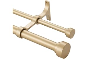 KEMMIE Heavy Duty Double Curtain Rods with Cylindrical Cap Finials 72 to 144” Telescoping Rod 1 Inch Diameter Front Rod and 5/8 Inch Diameter Back Rod Window Drapery Rods, Light Gold