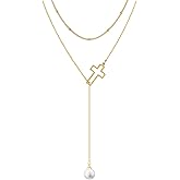 Moodear Cross Necklace for Women – Layered 14K Gold Plated Y Lariat Beaded Chain, Dainty Christian Jewelry, Long Crucifix Pendant, Romantic Valentine’s Day Gift for Her, Girlfriend or Wife