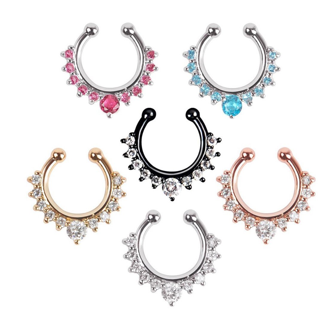 Septum Fake Nose Ring Jewelry,Women Girls Septum Ring Crystal Faux Nose Rings Non-Piercing Body Jewelry Clip On Clicker Black/Silver/Gold/Rose Gold- Gift Choice (8 PCS)