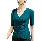 METWEY Wrap Tops for Women Summer Mesh Ruched Top Trendy 2025 Date Outfits V Neck Business Casual Work T Shirts Blouse