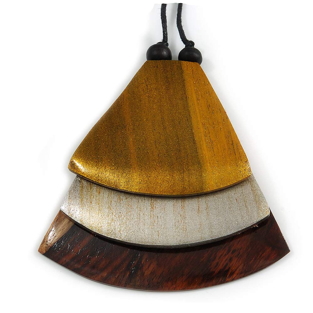 Avalaya Gold/Metallic Silver/Brown Geometric Triangular Wood Pendant with Long Black Cotton Cord Necklace - 9cm L Pendant/ 100cm L/ (max length) - Adjust