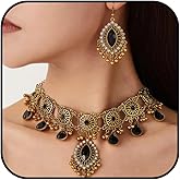 YANCHUN Indian Jewelry Set for Women Oxidized Temple Jewelry Indian Set with Necklace and Jhumka Dangling Earrings Wedding Guest Outfits for Women
