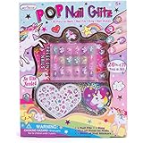 Hot Focus Pop Nail Glitz - 3D Unicorn Nail Art Kit for Girls - 65 Piece Set Includes 3D Press on Nails, Nail Stickers, Nail File and Ring