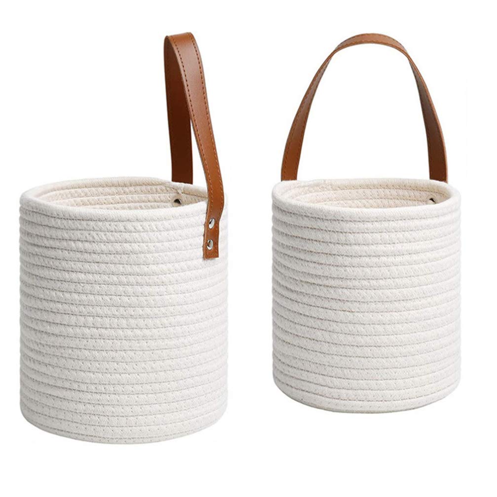 BESTonZON Hanging Storage, Cotton Woven Storage Organizer with Leather Hanging Handle, Home Decoration, Set 2,Beige