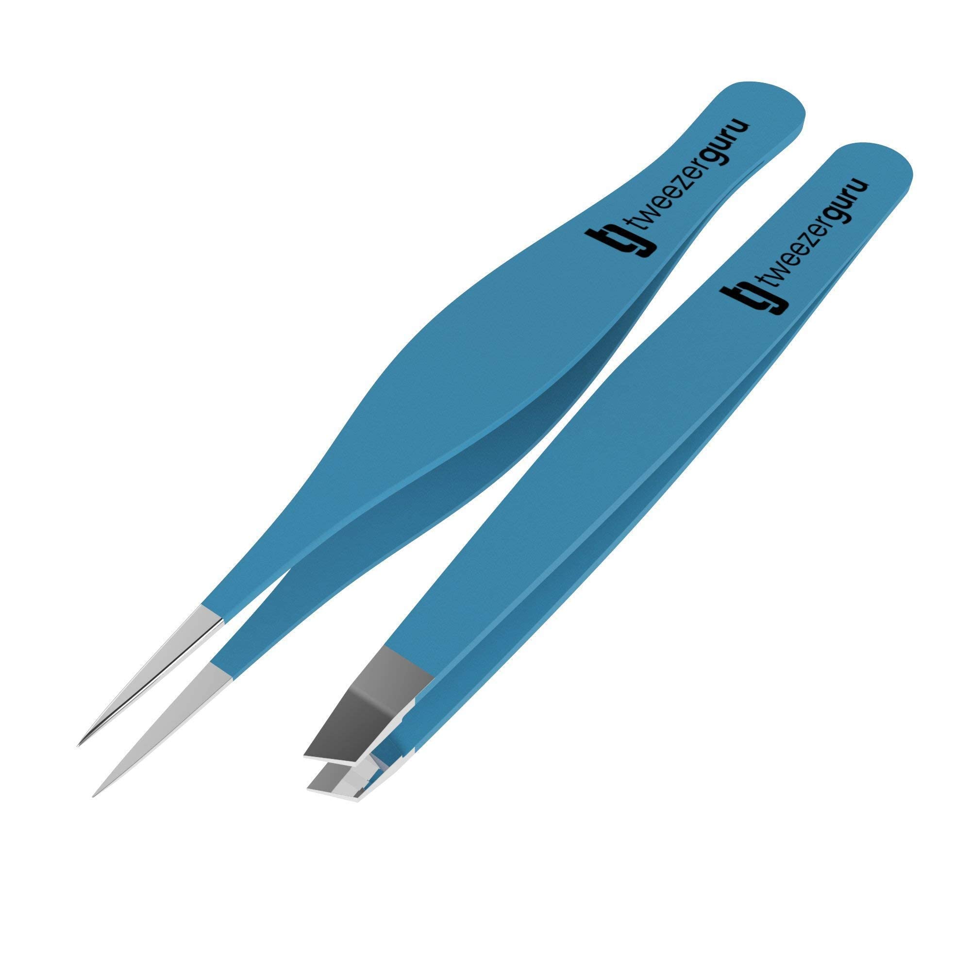 Photo 1 of Tweezer Guru Eyebrow Tweezers for Women & Men - Set of 2, Professional, Stainless Steel, Slant and Pointed Tweezers for Ingrown Hair, Splinters and Blackhead Removal (Teal)