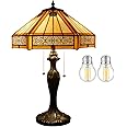 WERFACTORY Tiffany Table Lamp Yellow Hexagon Stained Glass Bedside Lamp Mission 16X16X24 Inches Desk Reading Light Metal Base Decor Bedroom Living Room Home Office S011 Series