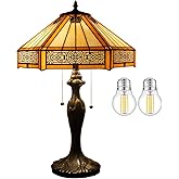 WERFACTORY Tiffany Table Lamp Yellow Hexagon Stained Glass Bedside Lamp Mission 16X16X24 Inches Desk Reading Light Metal Base