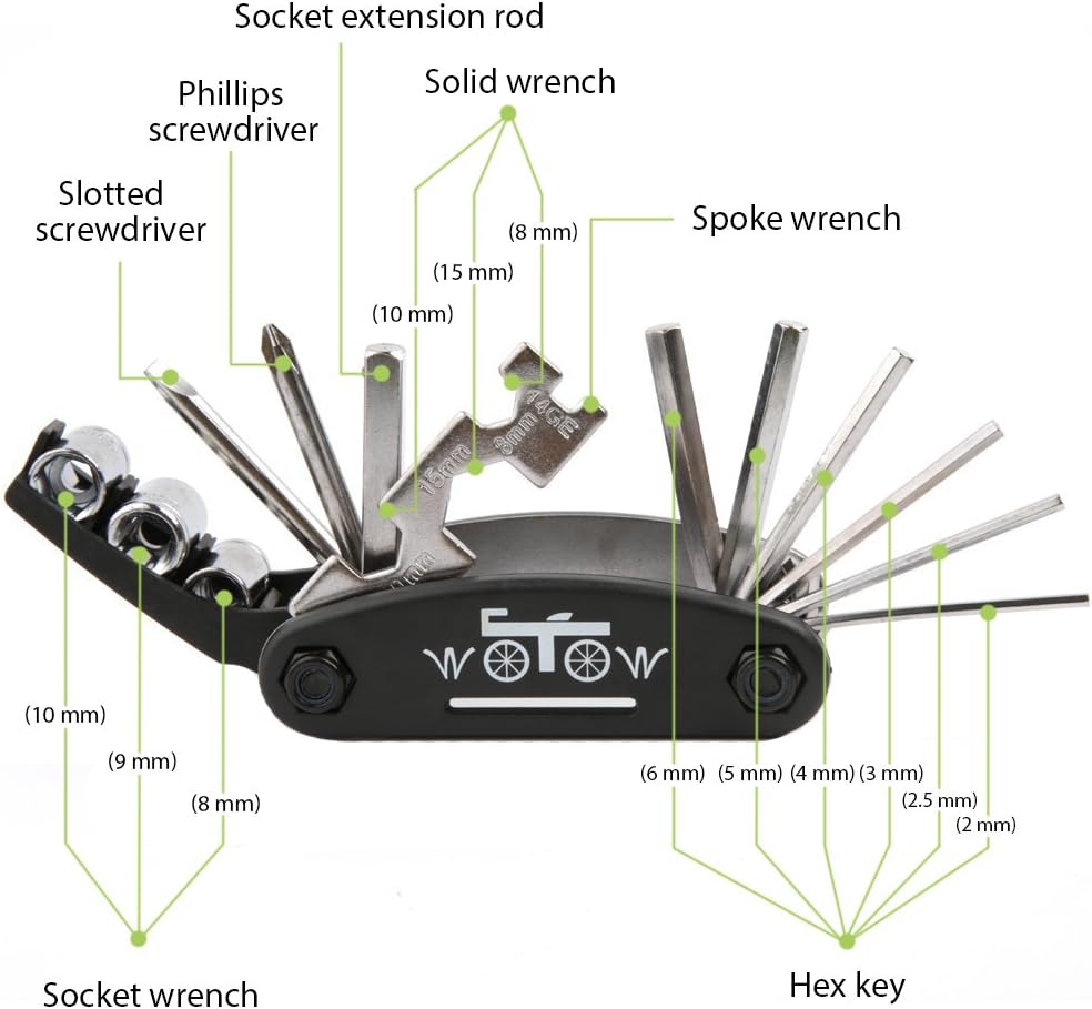 WOTOW 16 in 1 Multi-Function Bike Bicycle Cycling Mechanic Repair Tool Kit with 3 pcs Tire Pry Bars Rods : Sports & Outdoors