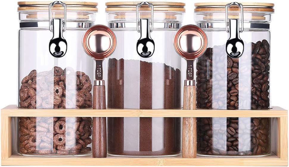 Kebert Borosilicate Glass Food Storage Jars with Airtight Lids, Sealed Glass Containers for Kitchen Pantry Coffee Bean Candy Sugar Cookies,Locking Clamp Bamboo Lids Glass Jars 40oz X 3 + Rack + Spoons