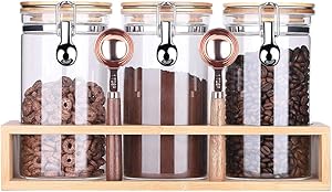 Kebert Borosilicate Glass Food Storage Jars with Airtight Lids, Sealed Glass Containers for Kitchen Pantry Coffee Bean Candy Sugar Cookies,Locking Clamp Bamboo Lids Glass Jars 40oz X 3 + Rack + Spoons