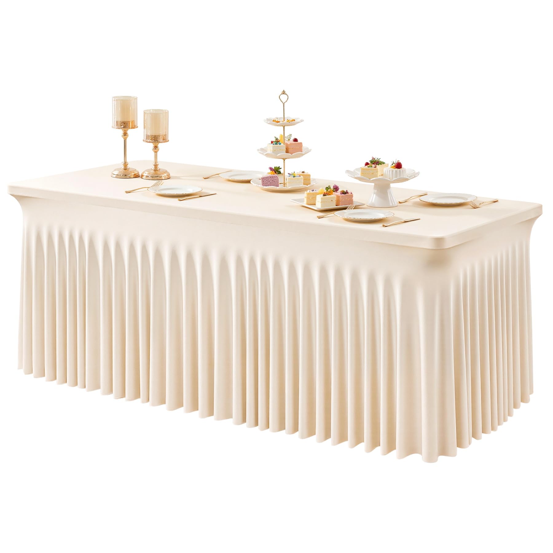 Photo 1 of 1 Pack Light Champagne Table Clothes for 4 Foot Rectangle Tables, One-Piece Wrinkle Resistant Stretch Spandex Table Covers with Skirt for Event Banquet Wedding Birthday Party