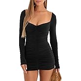 GOBLES Women's Elegant Long Sleeve V Neck Ruched Bodycon Mini Party Cocktail Dress