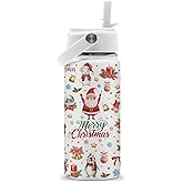 ROVOZAR Merry Christmas Water Bottle - Santa Claus 16oz Stainless Steel Water Bottle with Straw - Winter Holiday Insulated Cup for Girls Boys - Xmas Animals Kids Tumbler for School, Sports, Travel