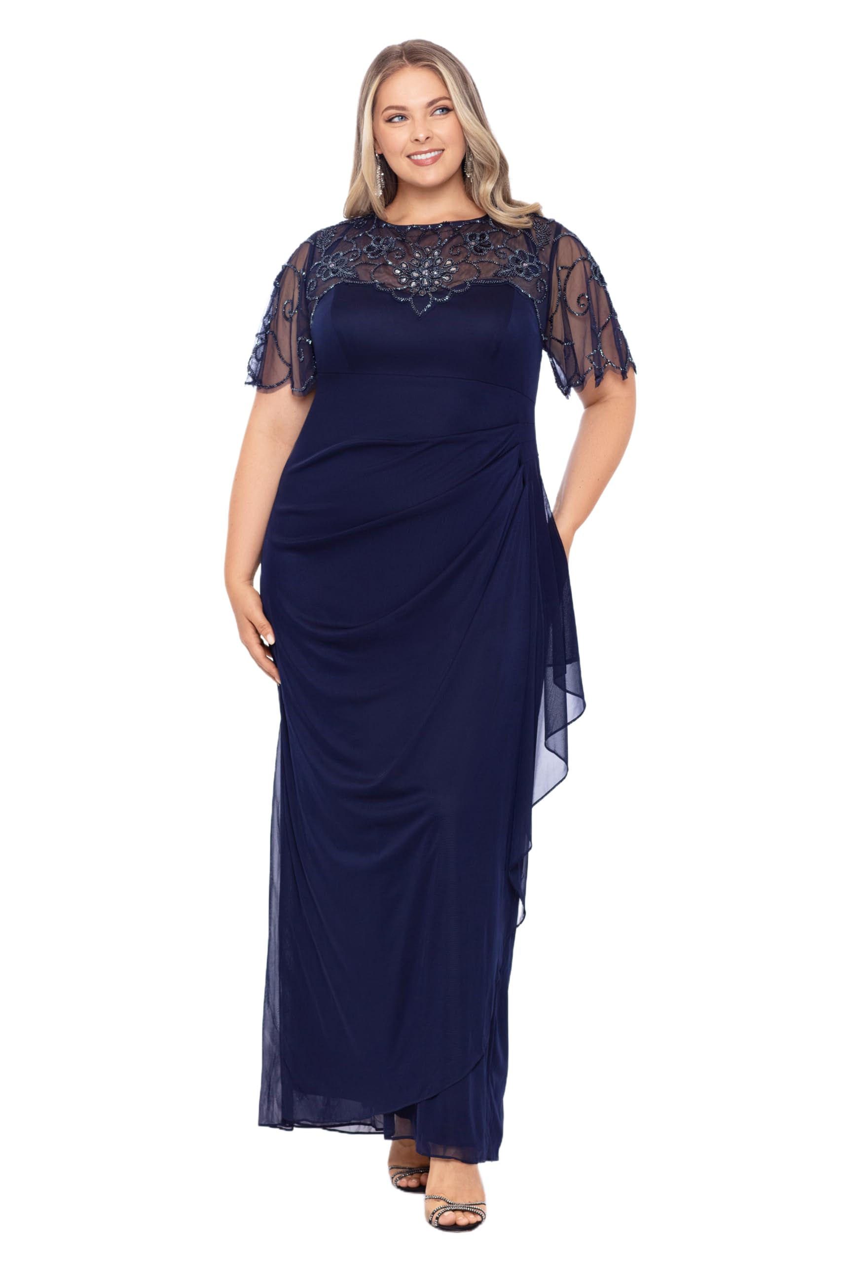 Photo 1 of Xscape Women's Plus Size Long Beaded Sequin Illusion Neckline Jersey Dress, Navy, 14W
