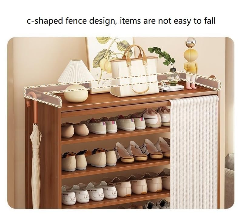 Shoe Rack Storage Cabinet Bamboo Free Standing Shoe Racks with Dustproof Curtain Storage Shelf Organizer for Entryway Hallway Bedroom (B-6 Tier)