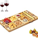 Bamboo Charcuterie Boards Set, Foldable Cheese Board with Magnetic Knife. | Lightweight Cheese Board and Platter Set, Expandable Wooden Cheese Platter for Family Gatherings, Picnics, Parties