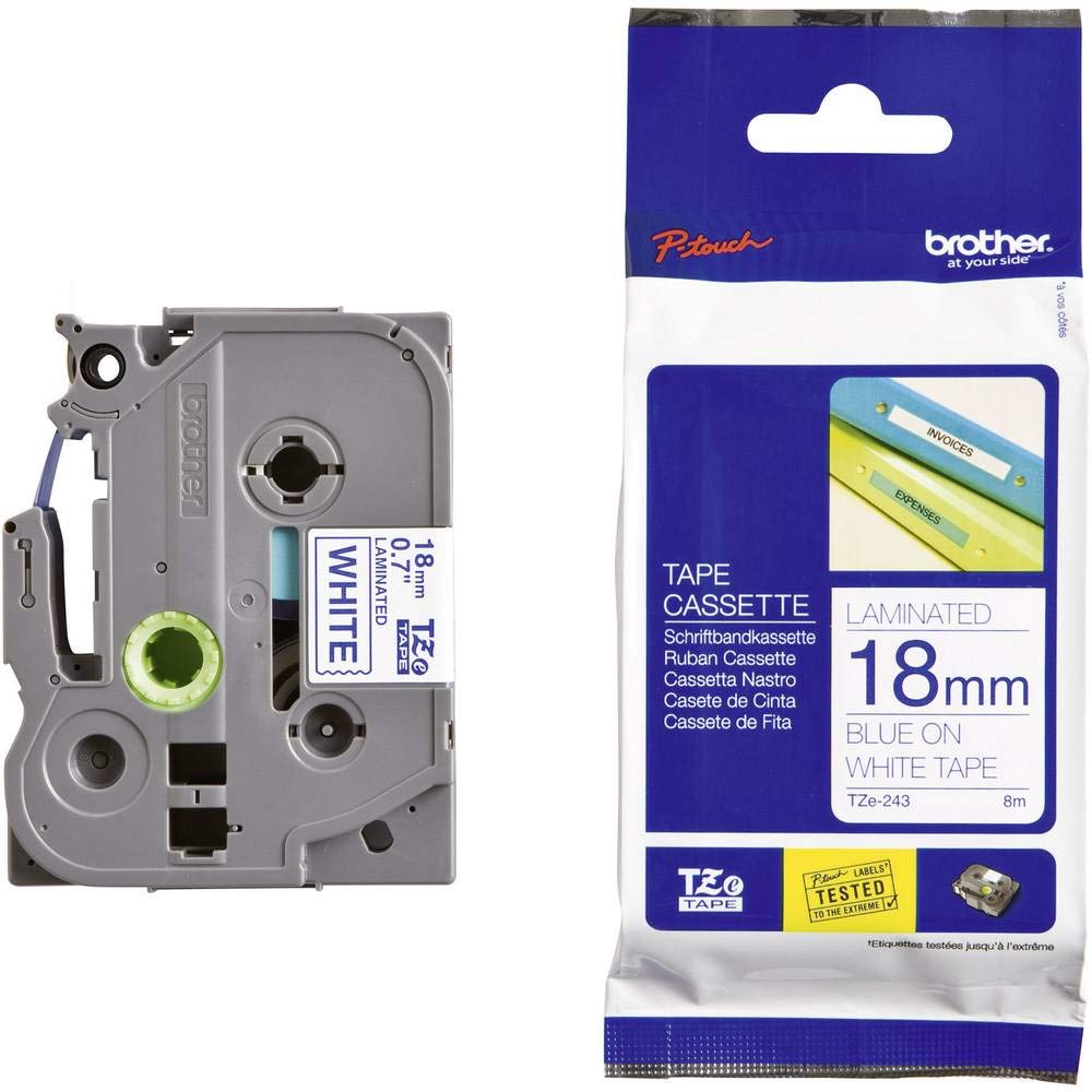 Brother TZe-243 Labelling Tape Cassette, 18 mm (W) x 8 m (L), Laminated, Brother Genuine Supplies - Blue on White