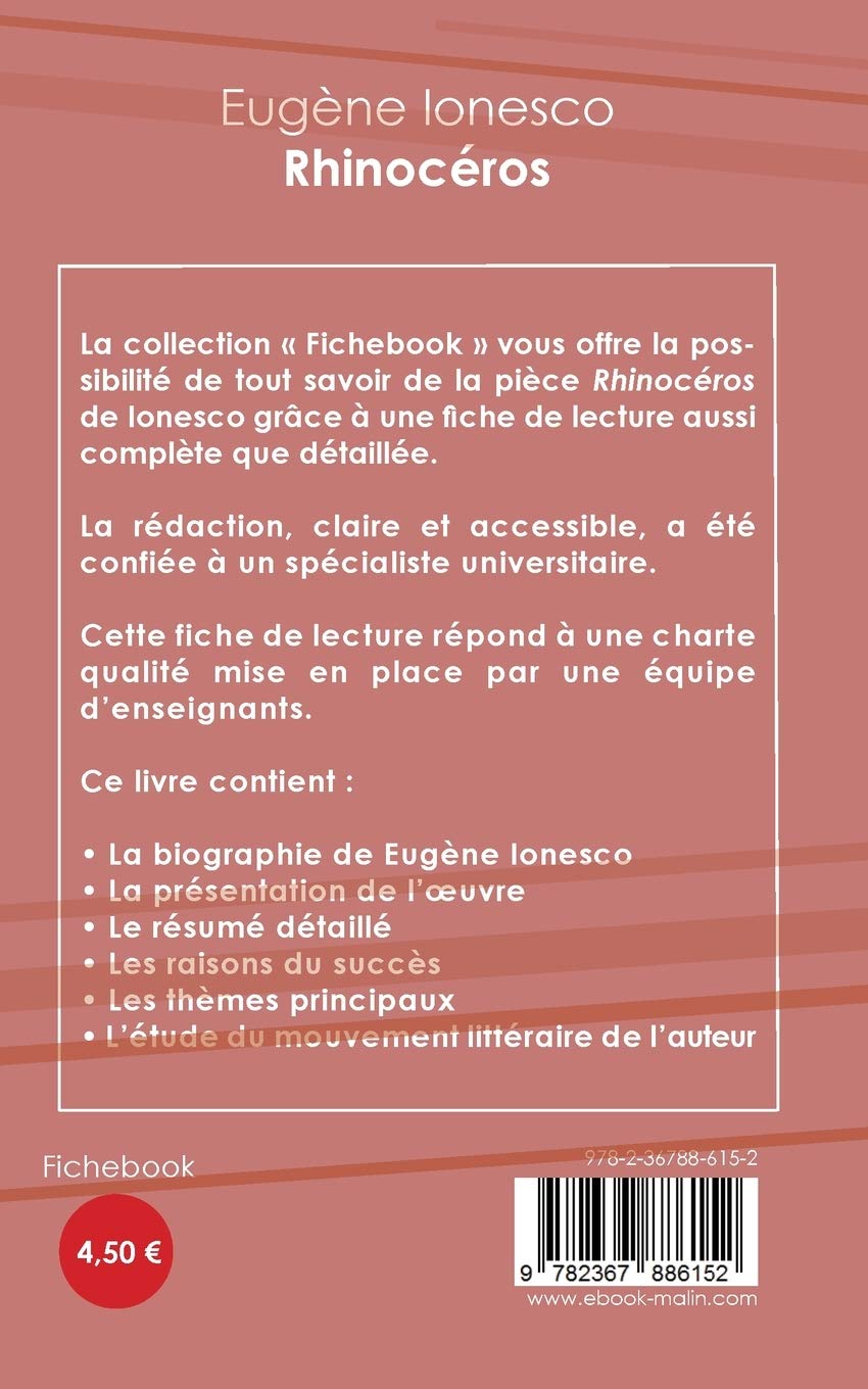Amazon Fr Fiche De Lecture Rhinoceros De Eugene Ionesco Analyse Litteraire De Reference Et Resume Complet Ionesco Eugene Livres