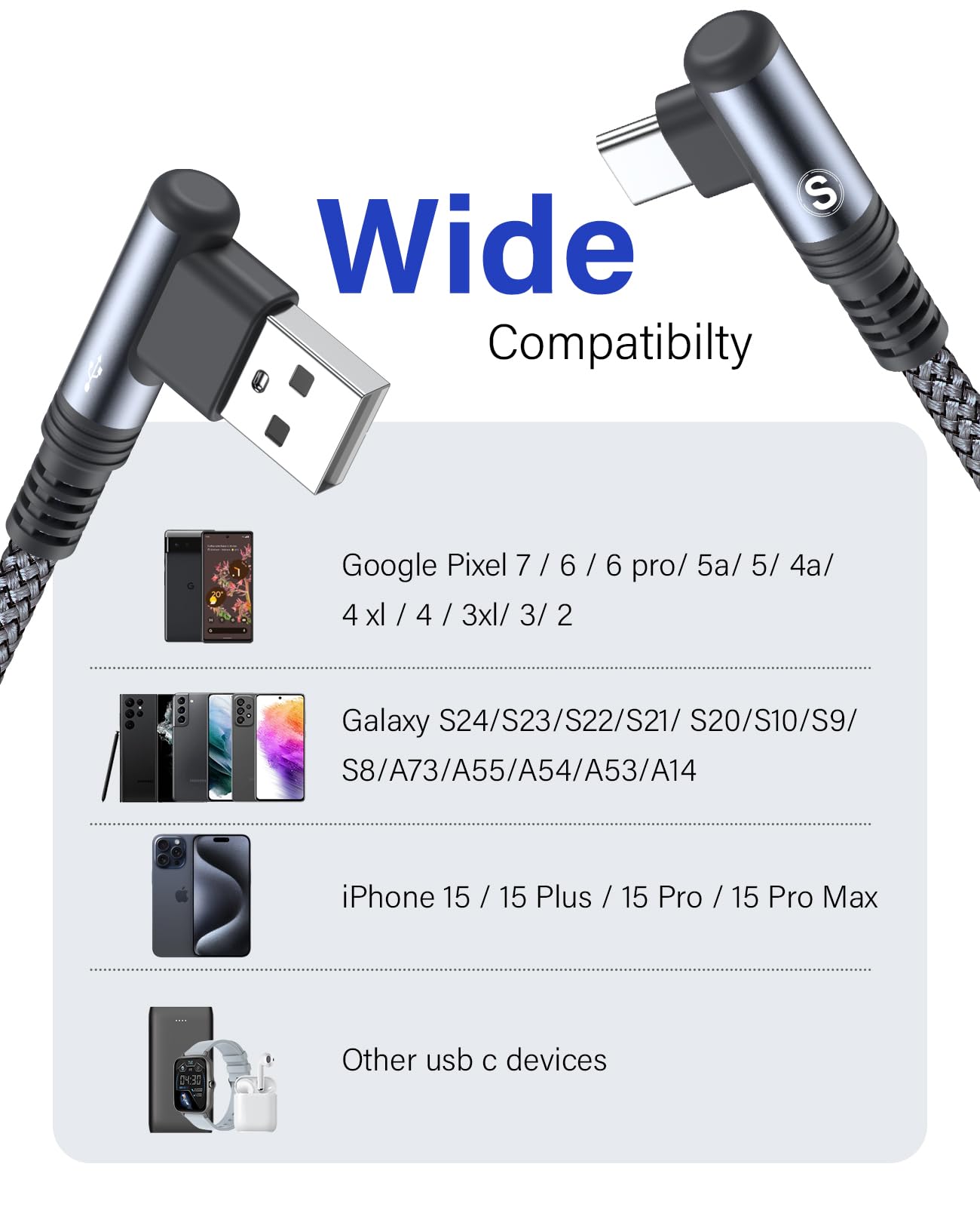 sweguard iPhone 16 Charger USB to Type C Cable 90 Degree [2-Pack,6.6FT] Fast Charging Cord for iPhone 16 15 Pro Max Plus Samsung Galaxy S25 S24 S23 S22 S21 S20 A54 A15 Note Flip LG Pixel Moto