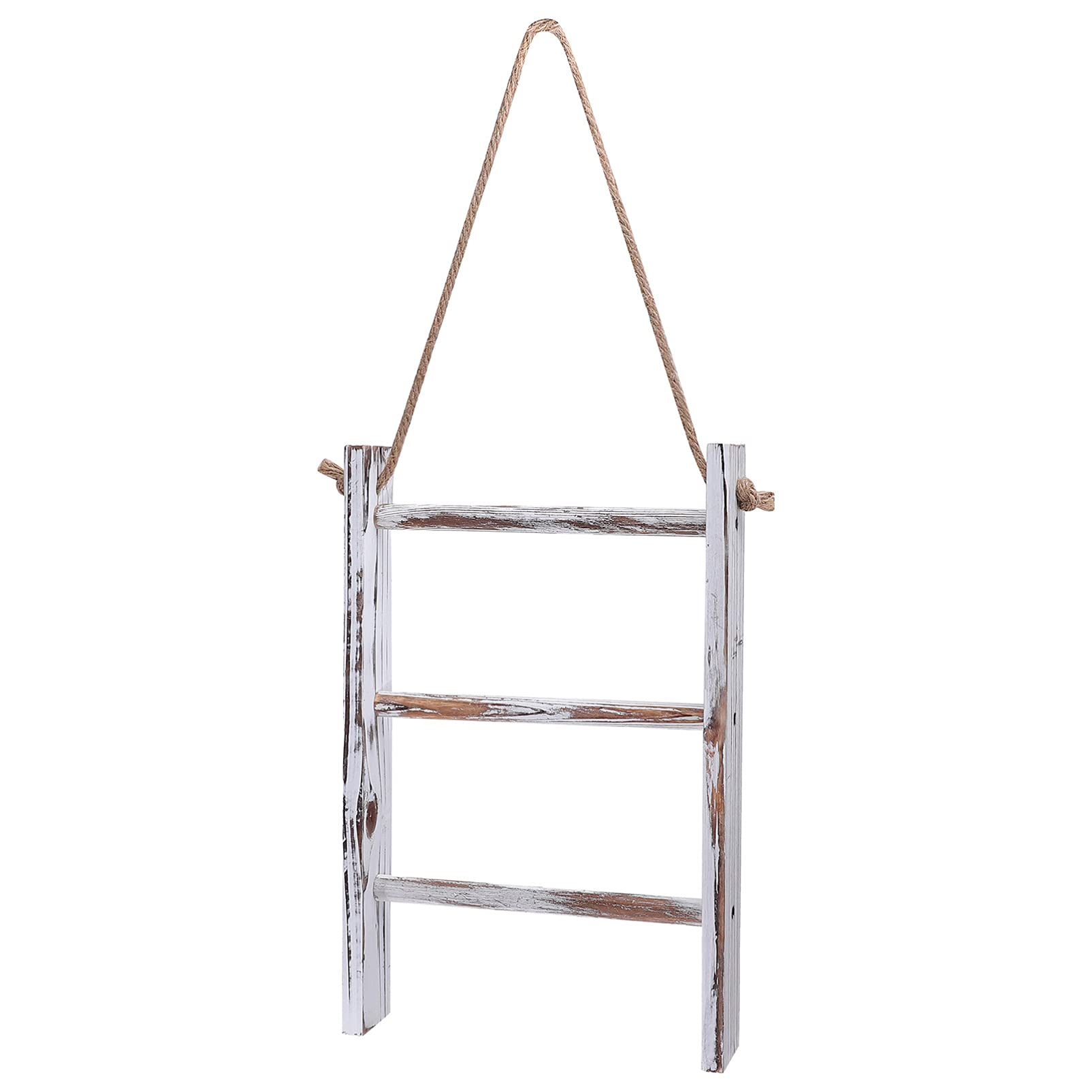 Tomaibaby Mini Wall Hanging Towel Rack Ladder 3- Tier Wood Rustic Hand Towel Holder Blanket Ladder Shabby Decorative Ladder with Rope for Farmhouse Bathroom Decor Random Color