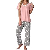 PrinStory Pajamas for Women Set Soft Pjs 2 Piece Pajama Sets Casual Pj Short Sleeve Lounge set with Pockets