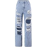 Floerns Girls Elastic Waist Distressed Ripped Straight Leg Denim Jeans